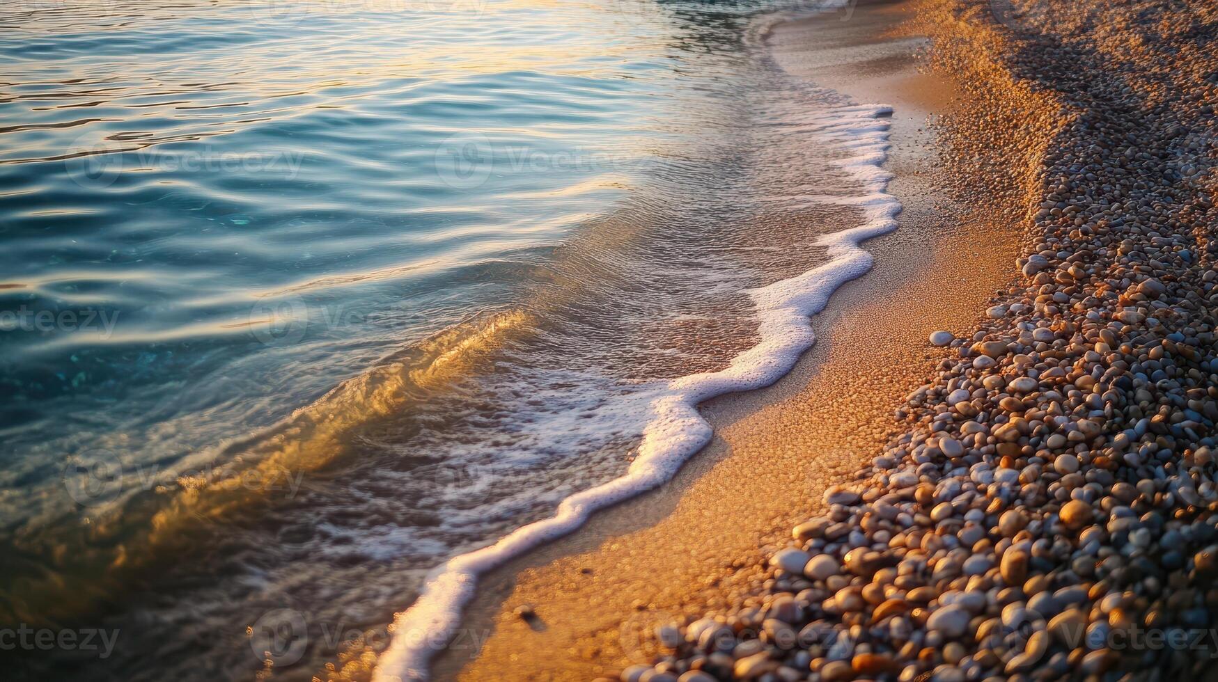 A serene beach scene with gentle waves lapping against a sandy shore photo