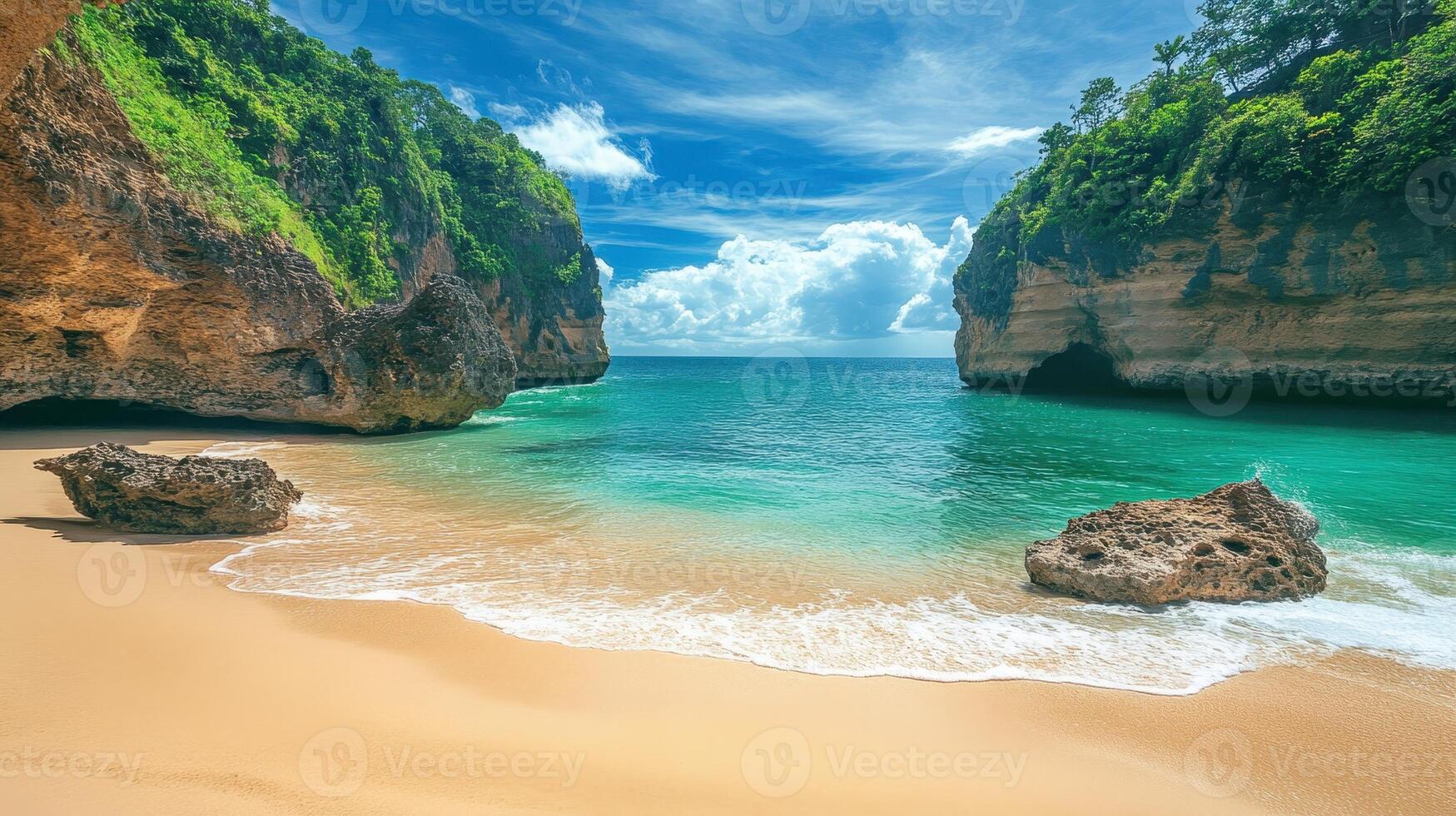 A serene beach scene with turquoise waters, golden sand, and lush cliffs in the background photo