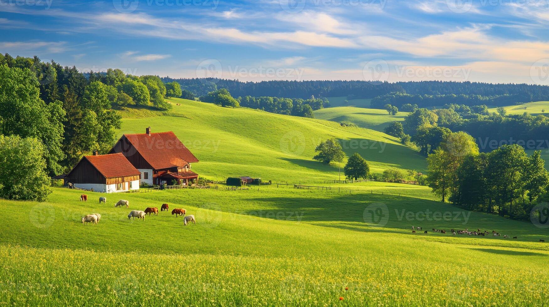 A serene countryside landscape featuring a farmhouse and grazing cattle in lush green fields photo