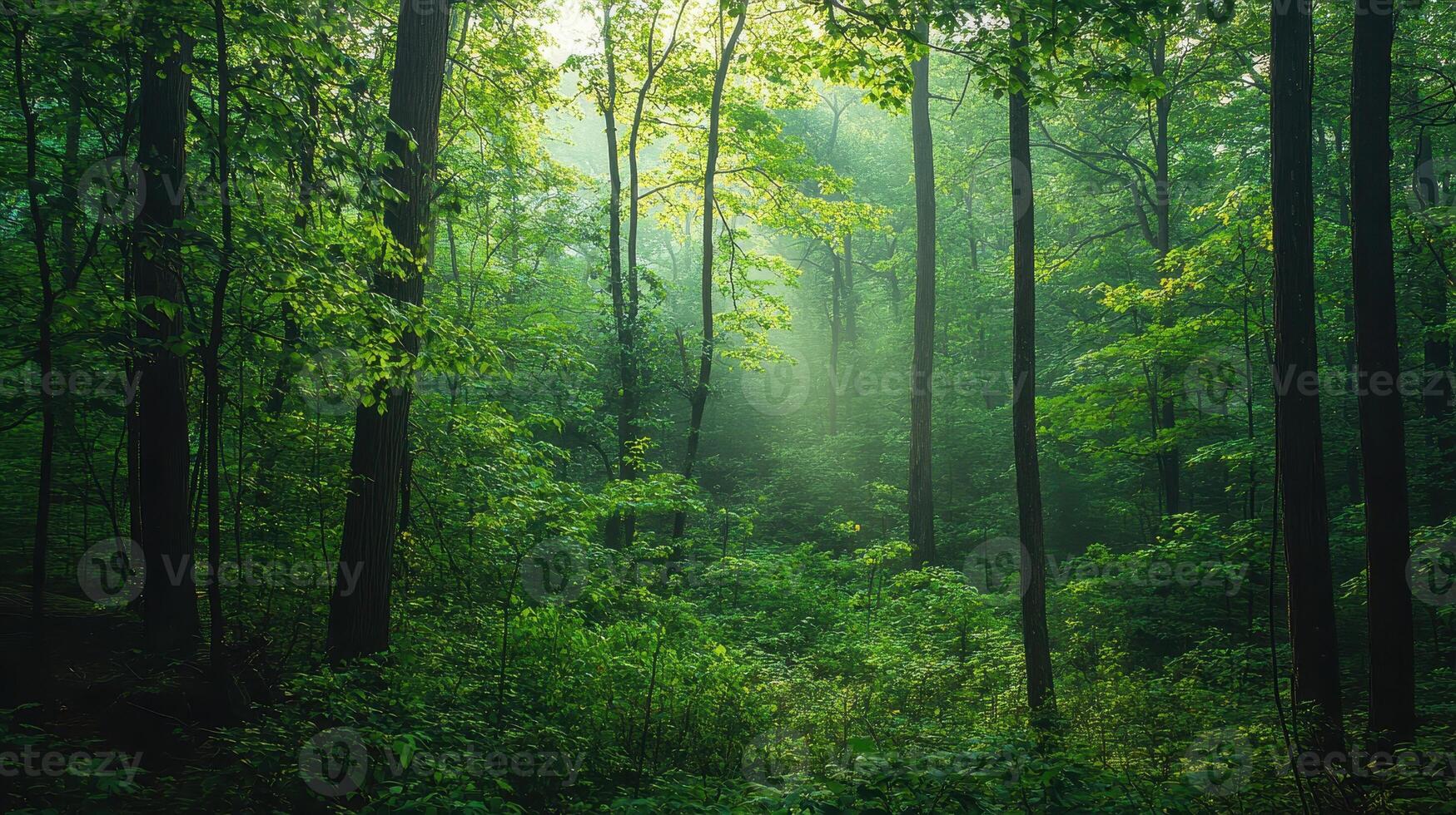 A serene forest scene with lush greenery and soft light filtering through the trees photo