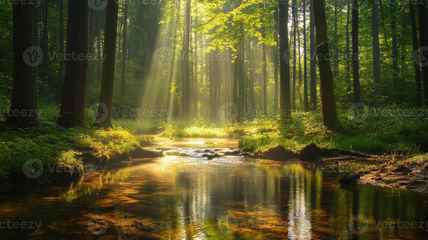 A serene forest scene with sunlight filtering through trees, reflecting on a tranquil stream photo