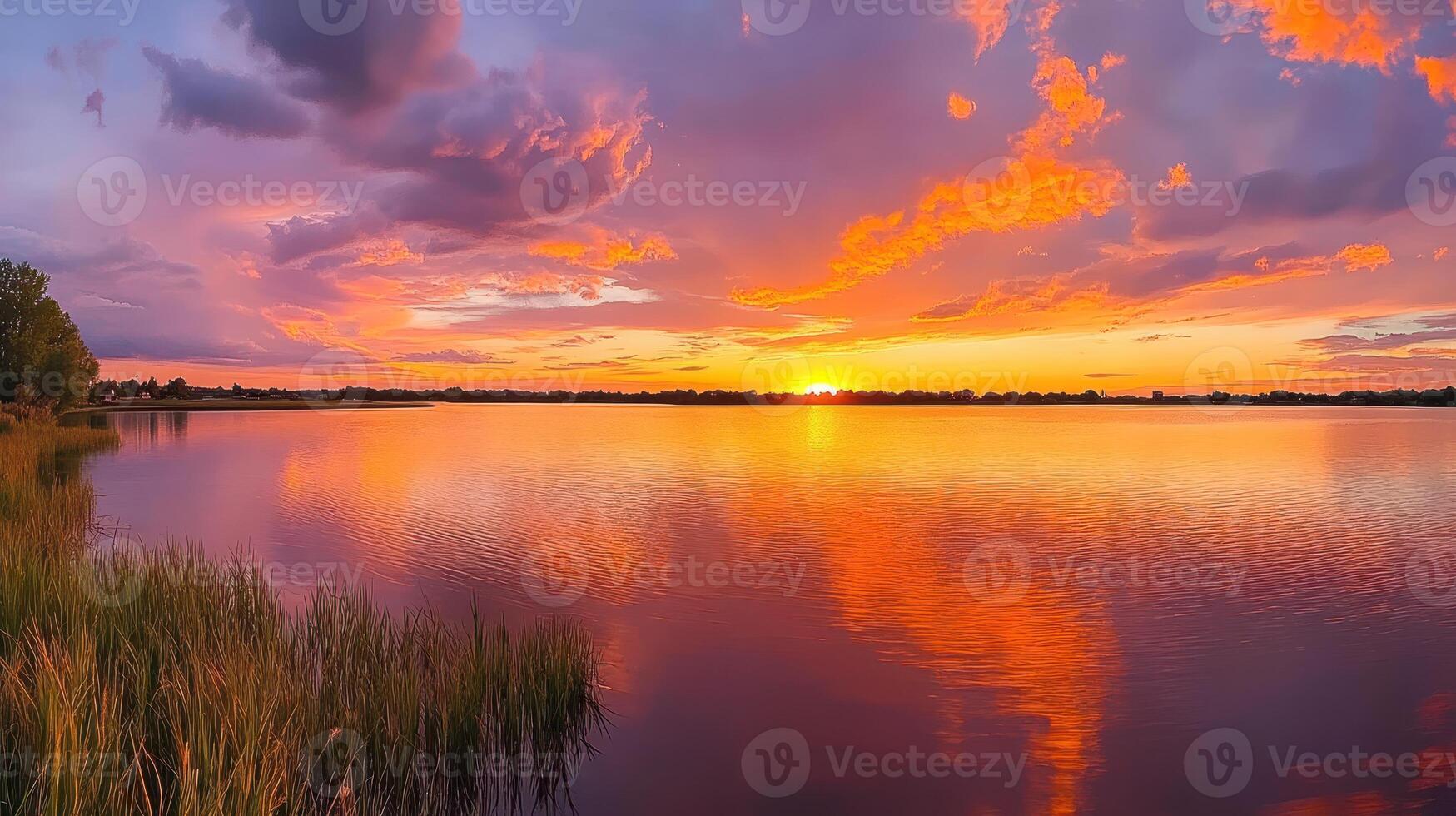 A serene sunset over a calm lake, reflecting vibrant colors in the sky and water photo