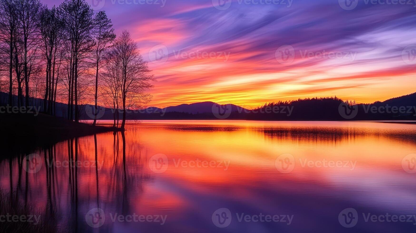 A serene sunset over a lake with vibrant colors reflecting on the water photo