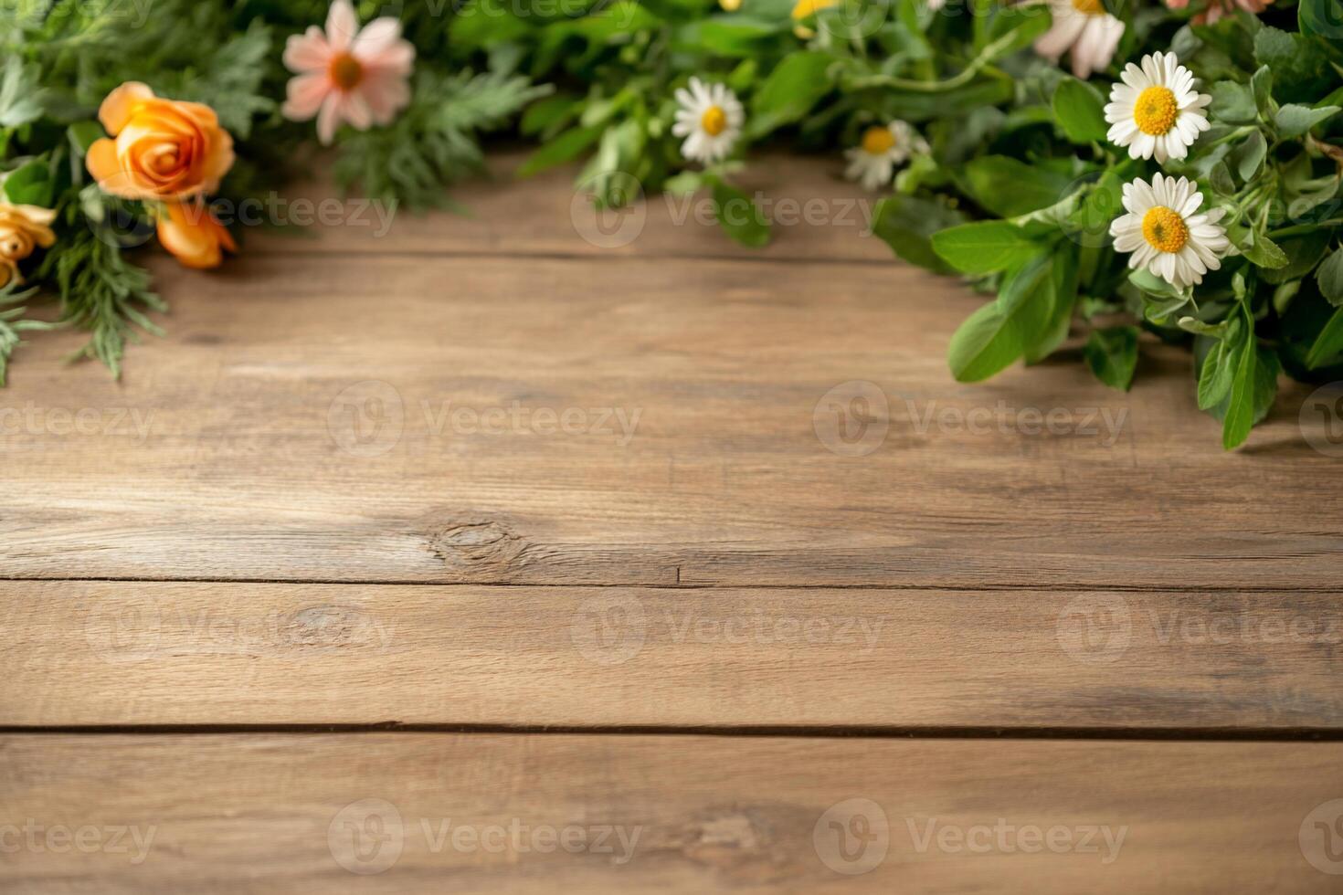 Wooden background decorated with spring flowers. photo