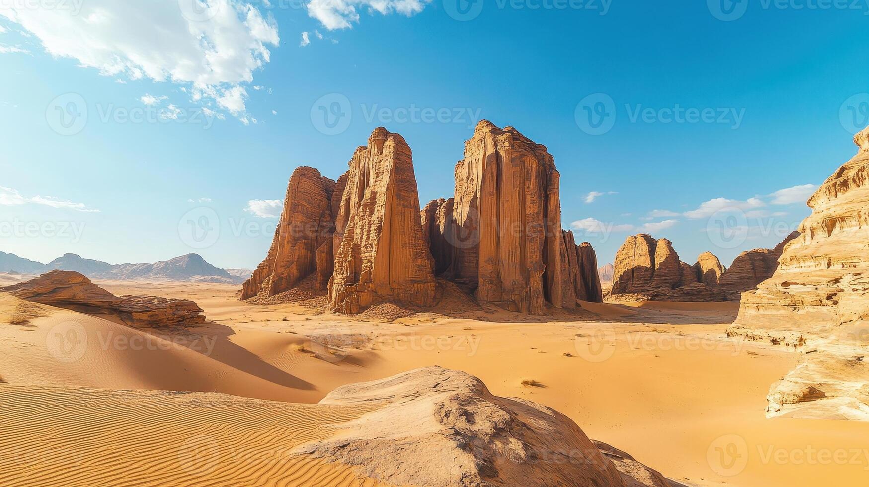 A stunning desert landscape with towering rock formations and sandy dunes under a clear blue sky photo
