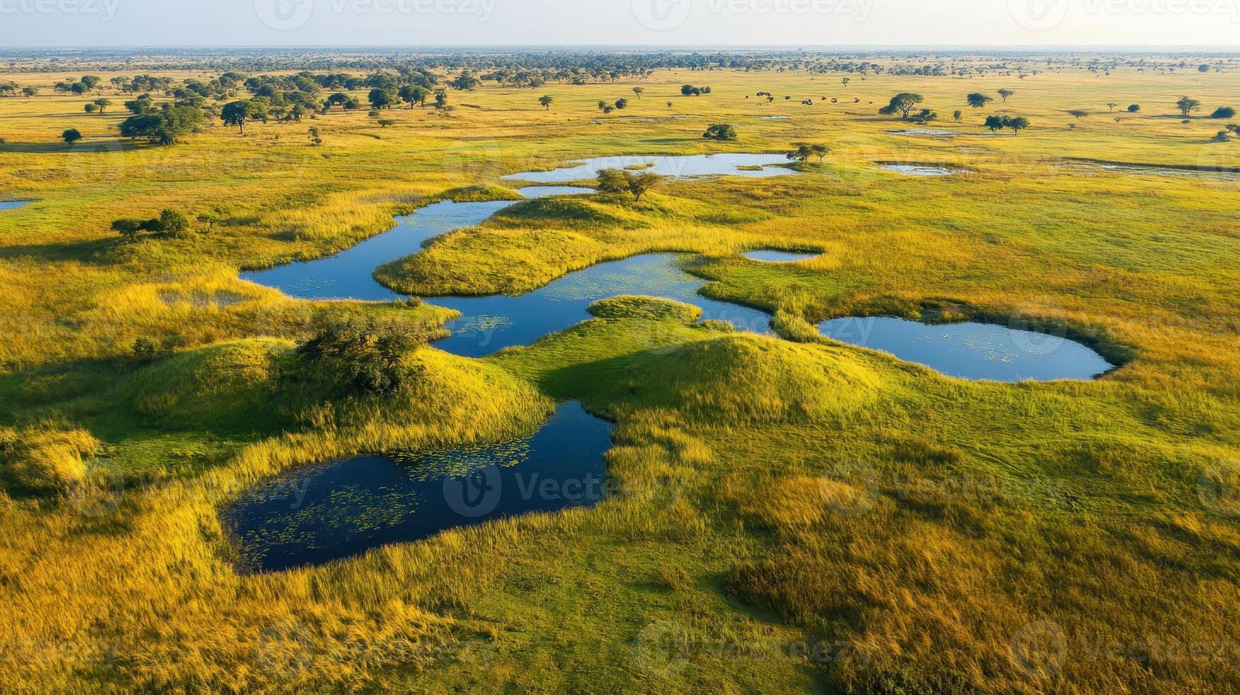 Aerial view of a lush landscape with water bodies and greenery photo