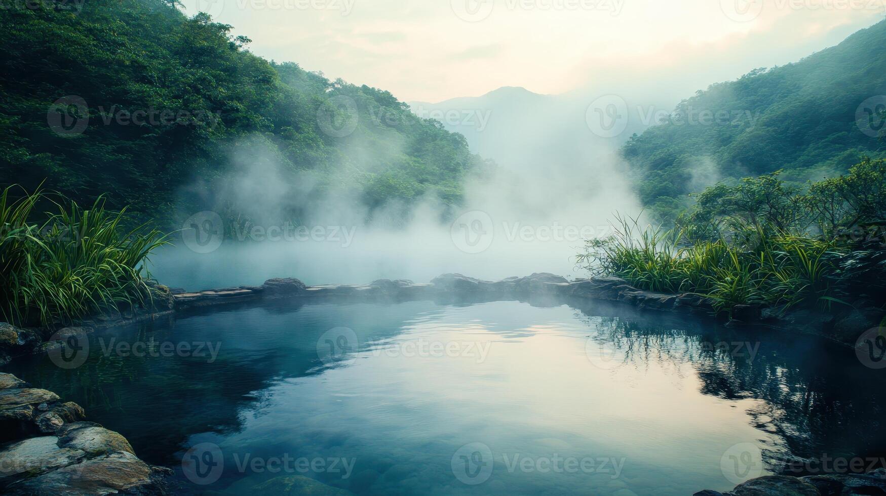Serene hot spring surrounded by lush mountains and misty atmosphere photo