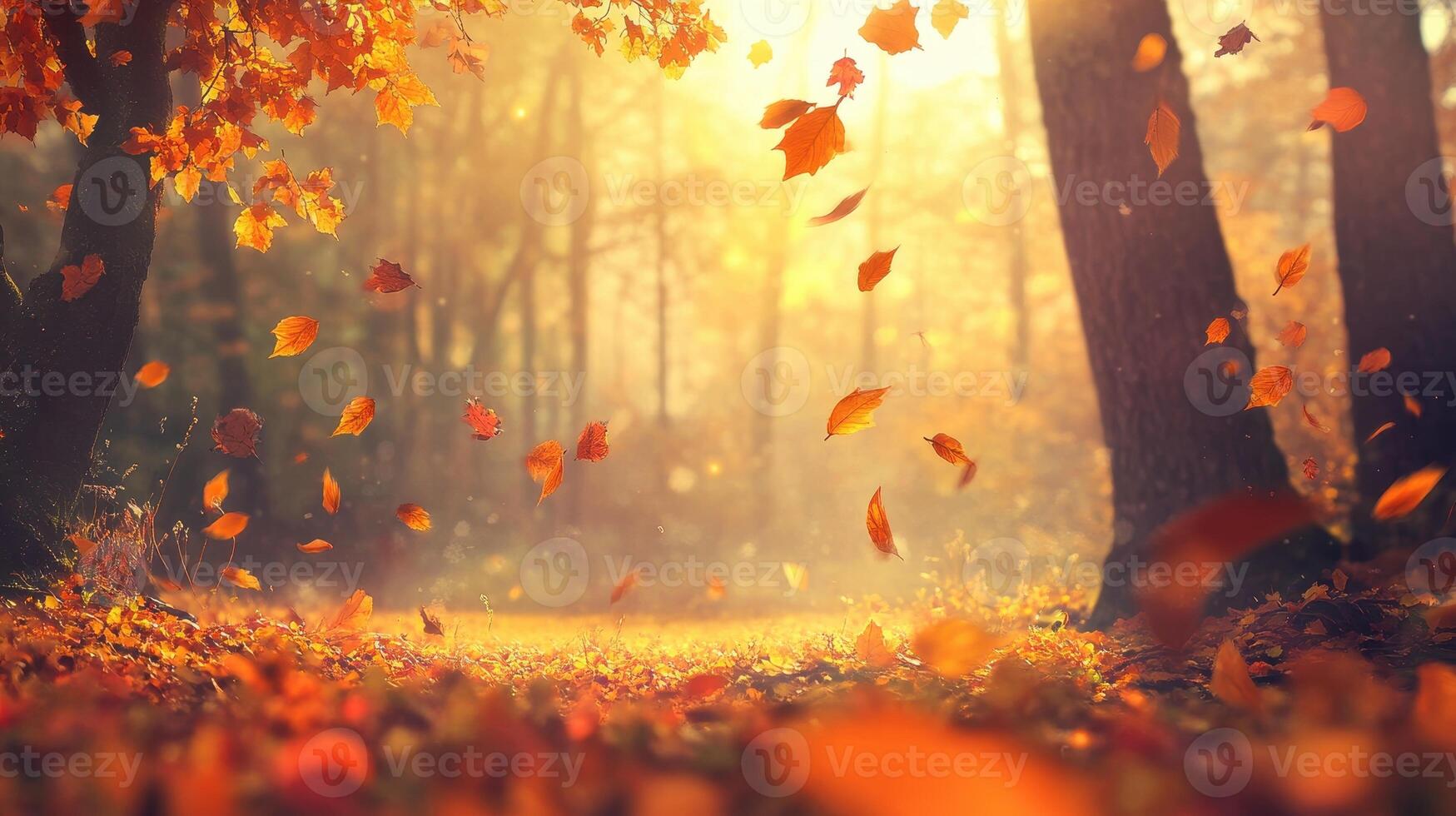 A serene autumn scene with falling leaves and warm sunlight filtering through trees photo