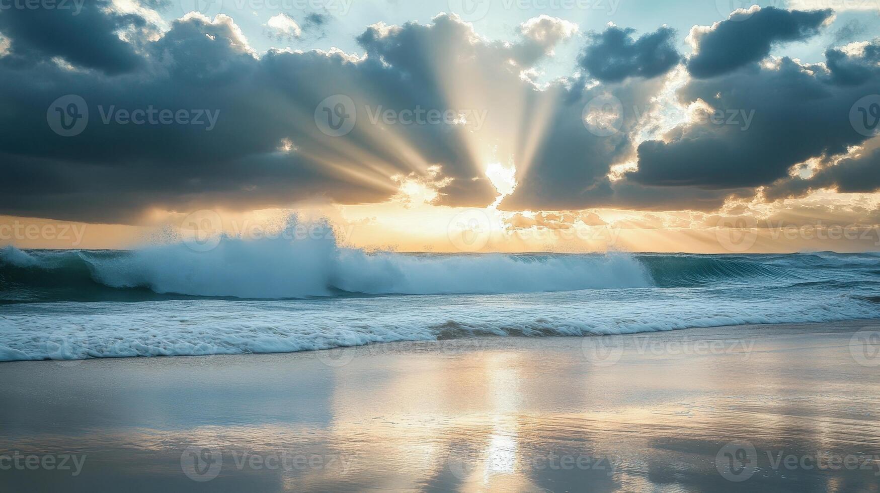 A serene beach scene at sunset with waves crashing and rays of light breaking through clouds photo
