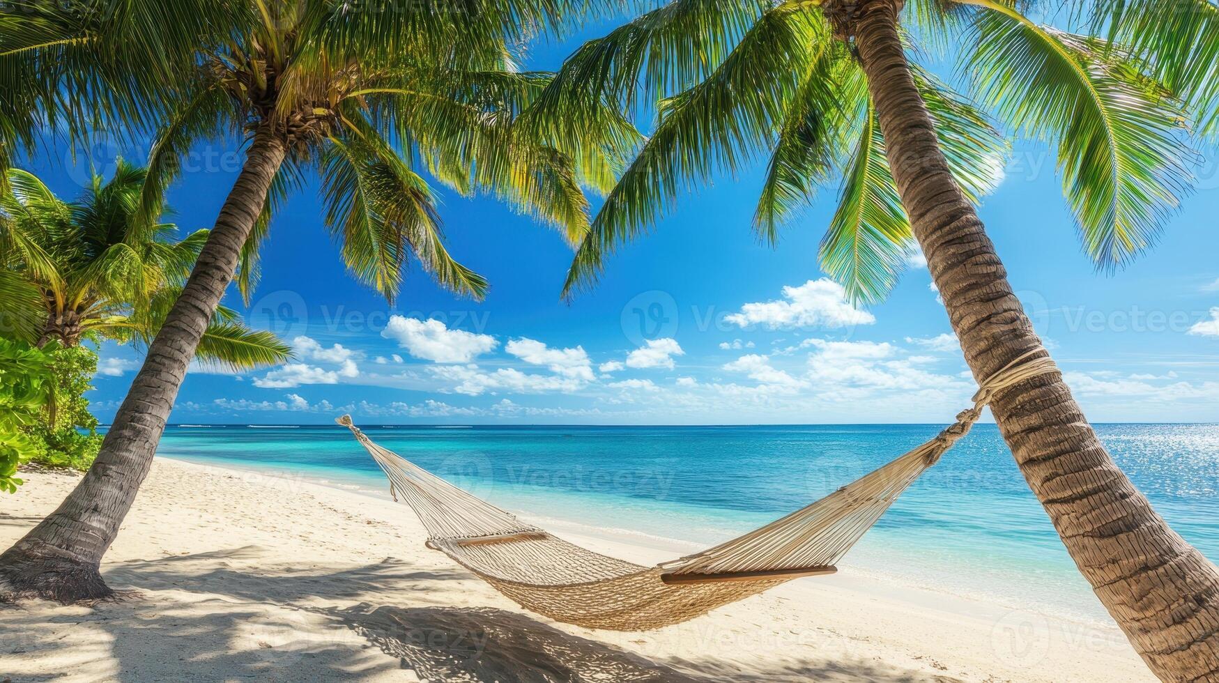 A serene beach scene with a hammock between palm trees under a clear blue sky photo