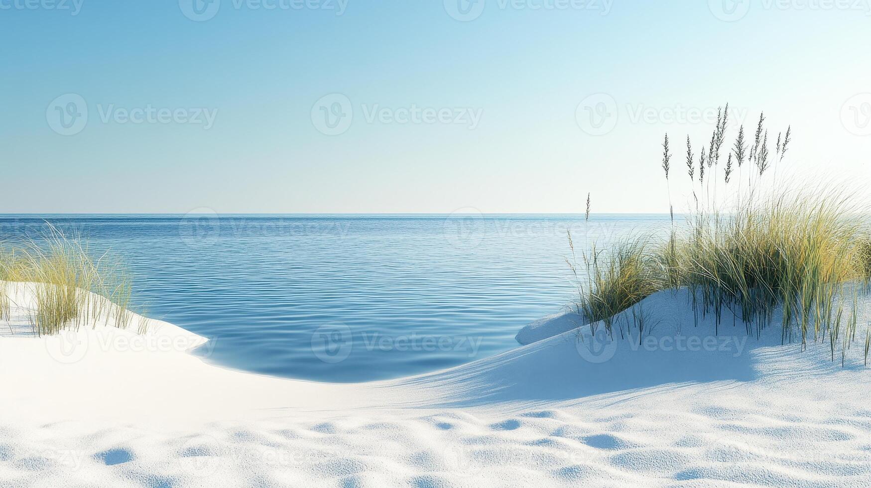 A serene beach scene with calm waters and gentle dunes adorned with grass photo