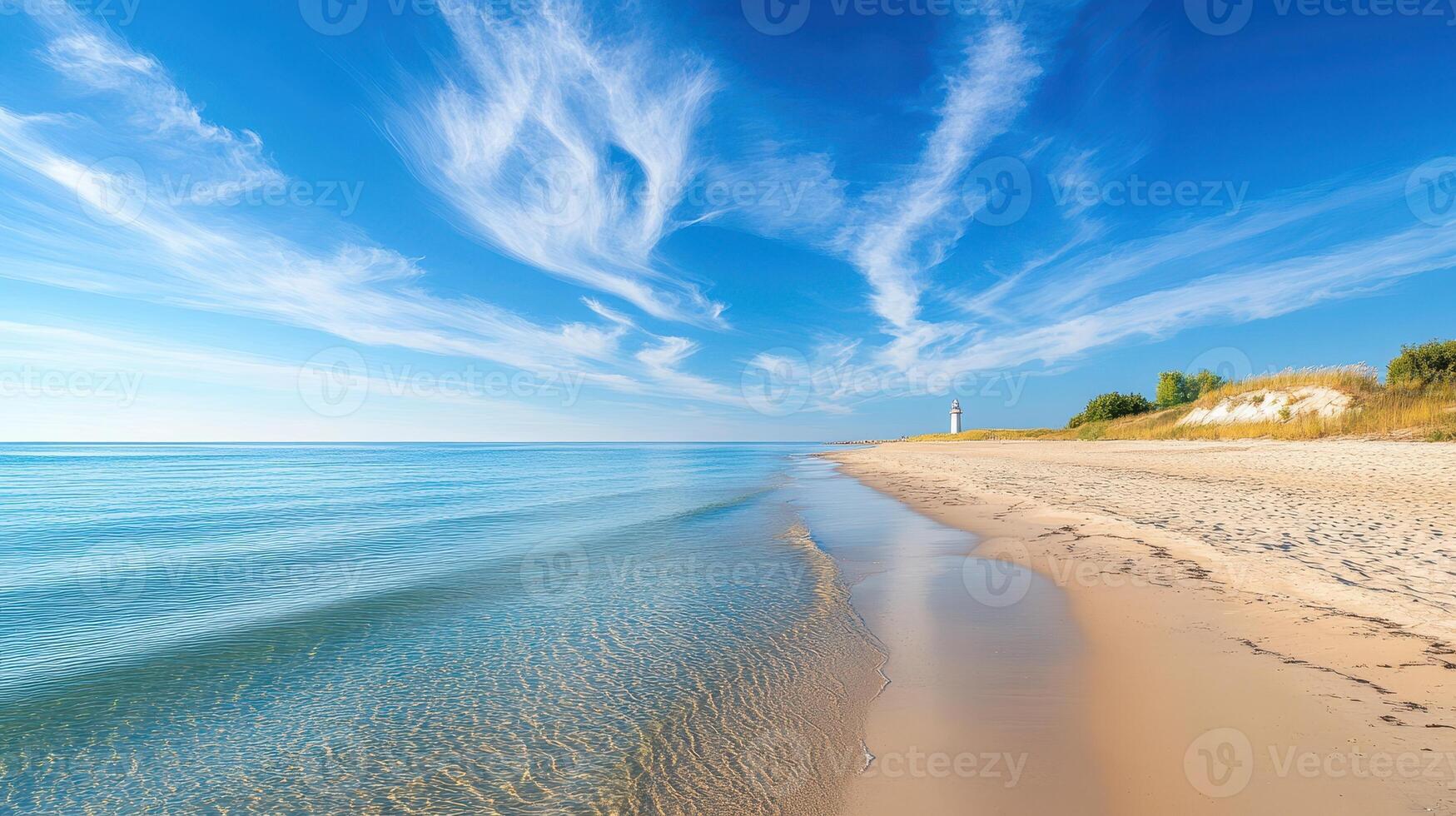 A serene beach scene with calm waters and a lighthouse in the distance under a blue sky photo