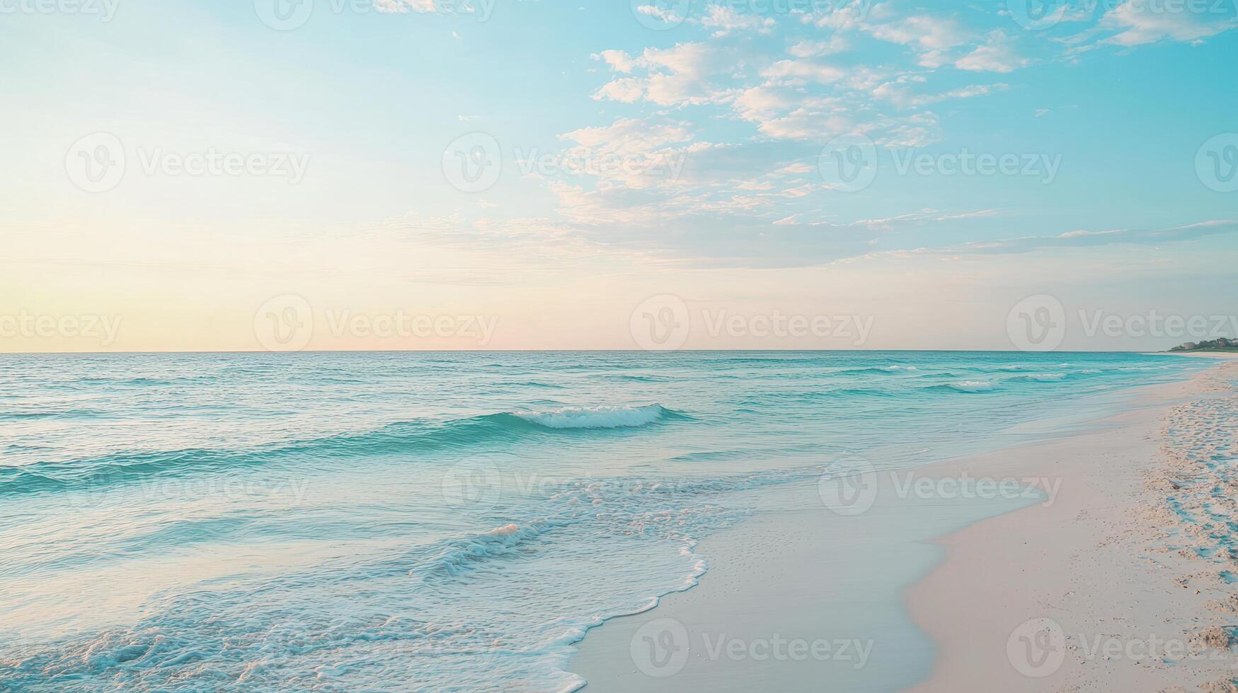 A serene beach scene with gentle waves and a colorful sky at sunset photo