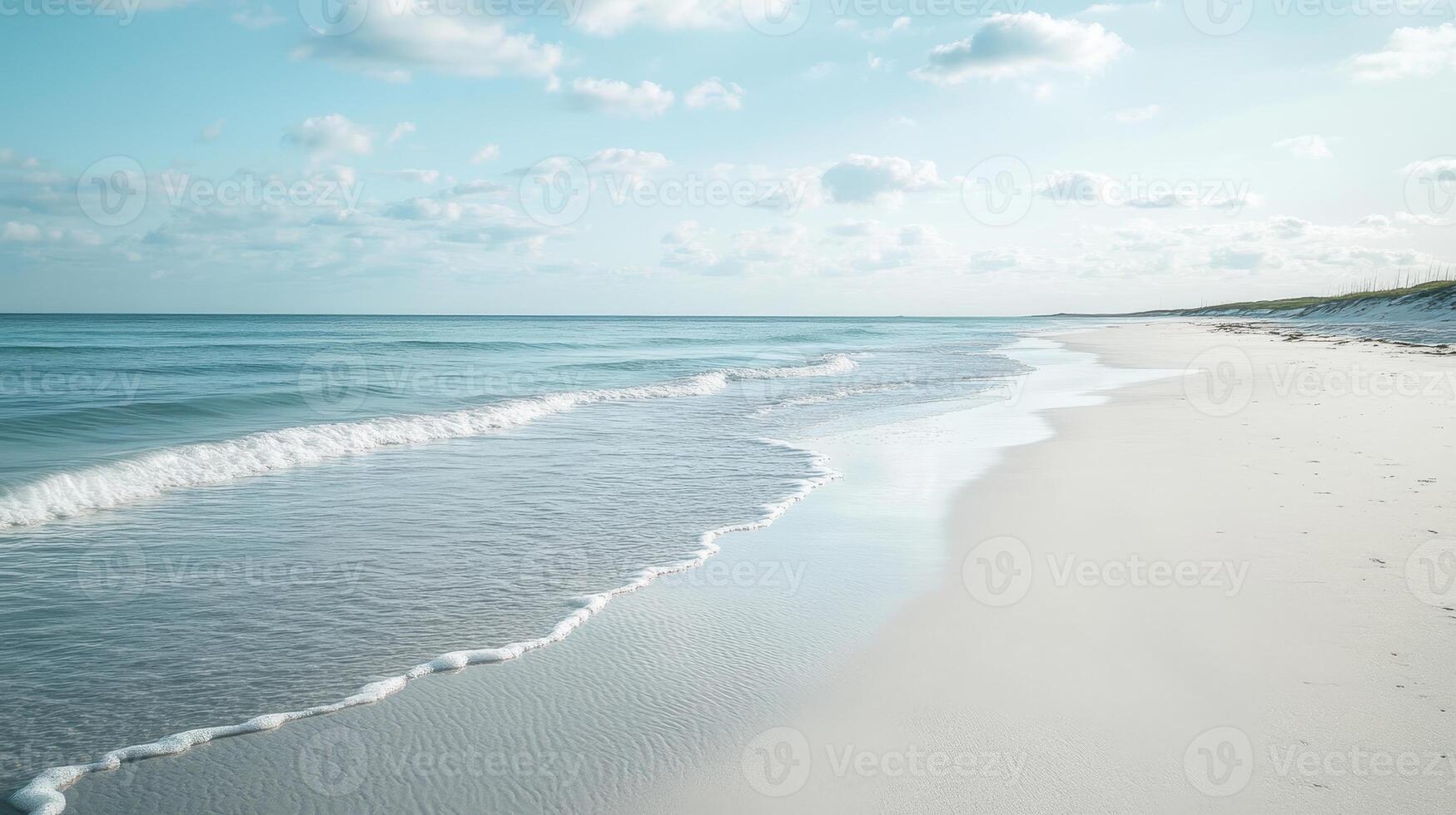 A serene beach scene with gentle waves lapping at the shore under a bright sky photo