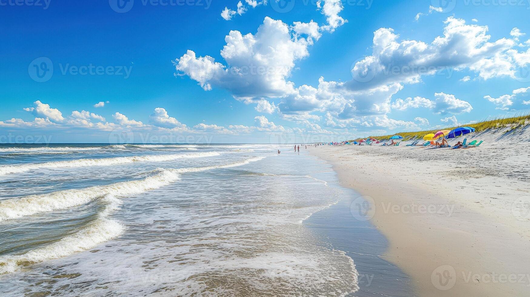 A serene beach scene with waves, umbrellas, and people enjoying the sunny day photo