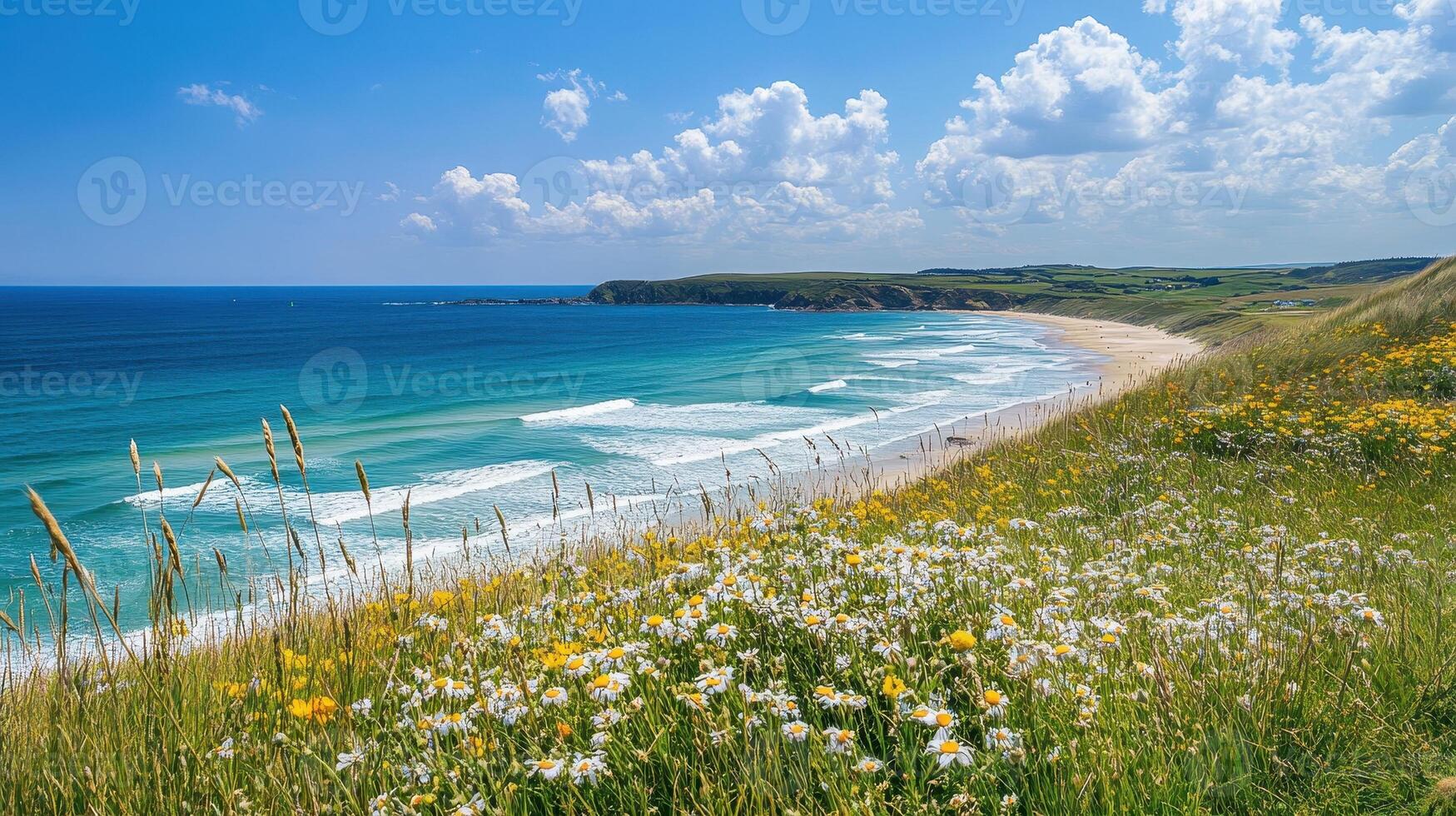 A serene coastal landscape featuring waves, sandy beach, and vibrant wildflowers photo
