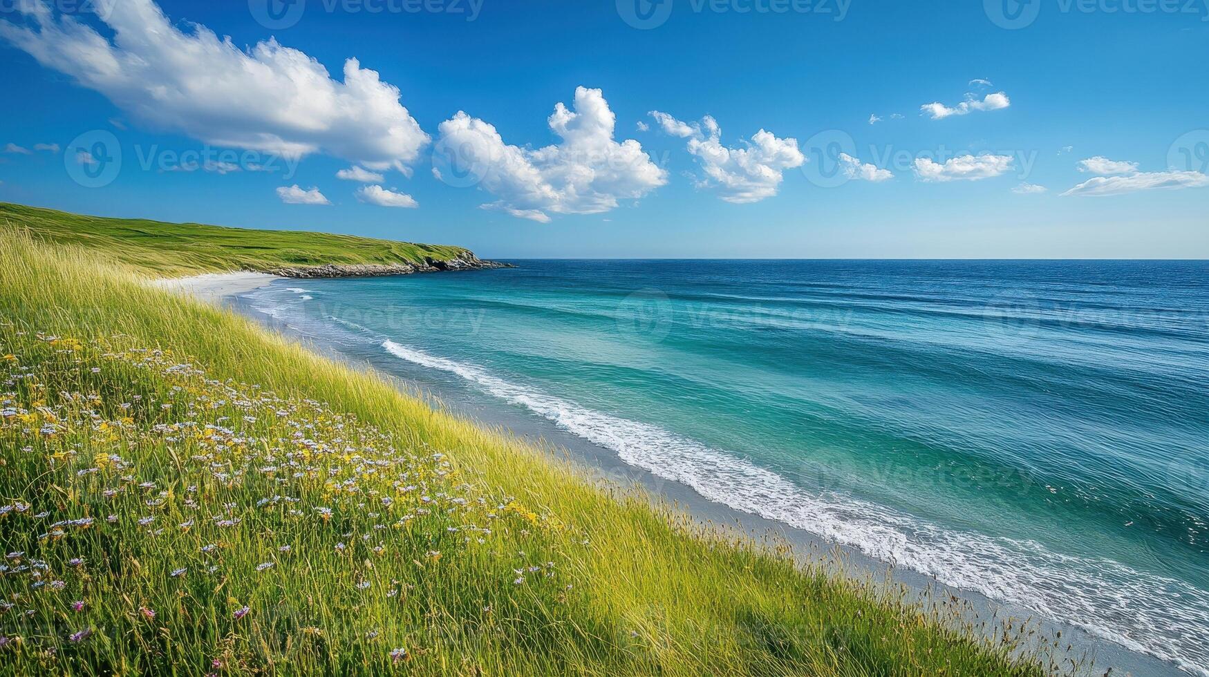 A serene coastal landscape with gentle waves and lush greenery under a clear blue sky photo