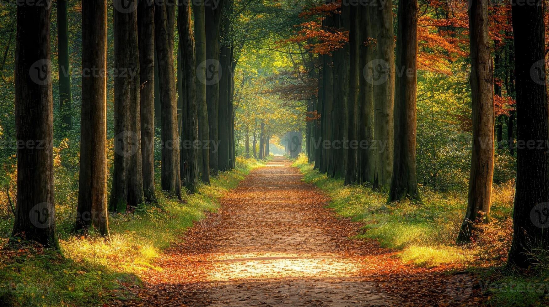 A serene forest path lined with trees and autumn foliage, inviting tranquility and exploration photo