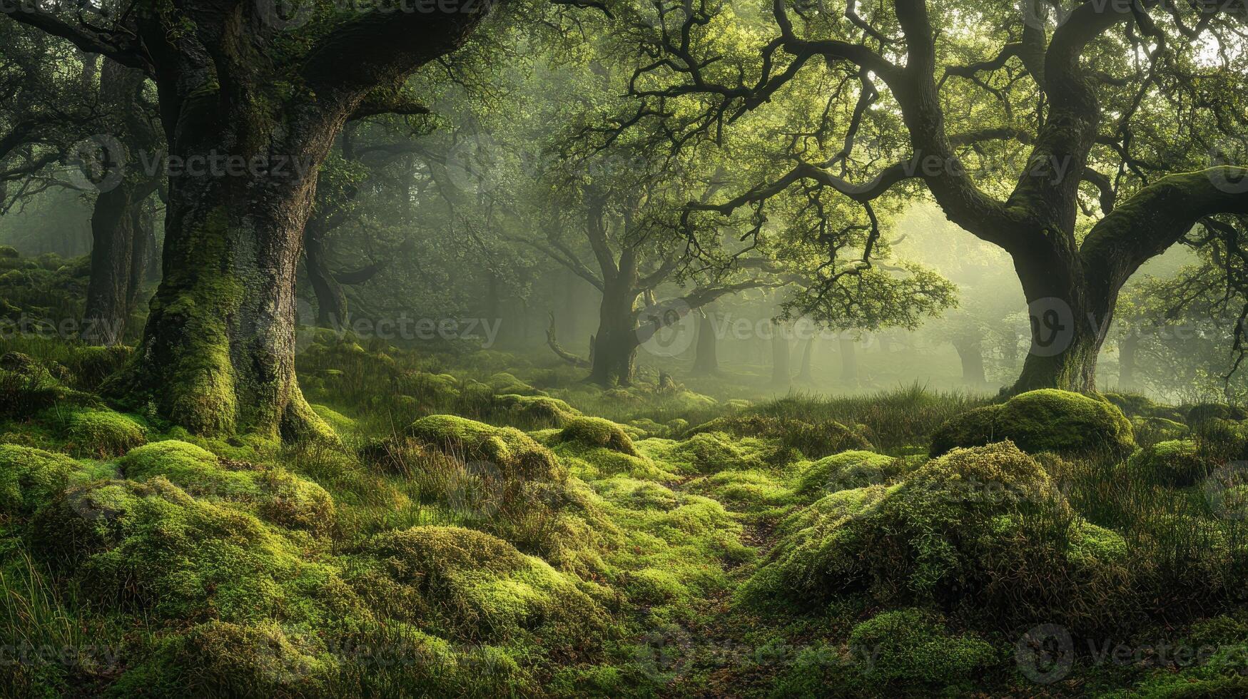 A serene forest scene with lush greenery and mist, inviting tranquility and exploration photo