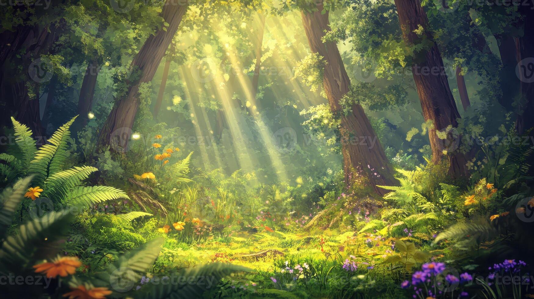 A serene forest scene with sunlight filtering through trees, highlighting vibrant flora photo