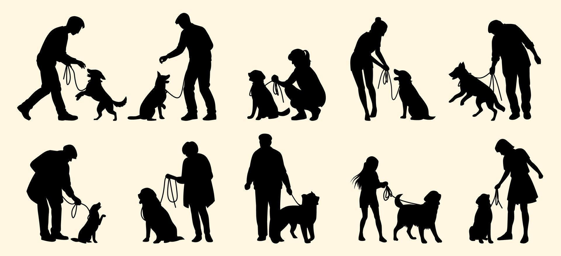 A collection of black silhouettes depicting people training and walking their dogs in various poses. vector