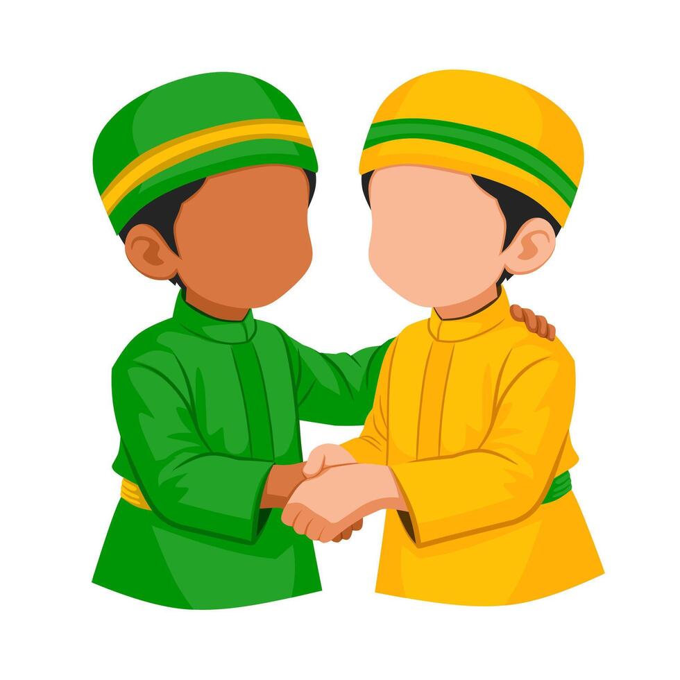 Ied Mubarak celebration. Two boys in traditional Islamic attire warmly shake hands, symbolizing friendship, unity, and respect. vector