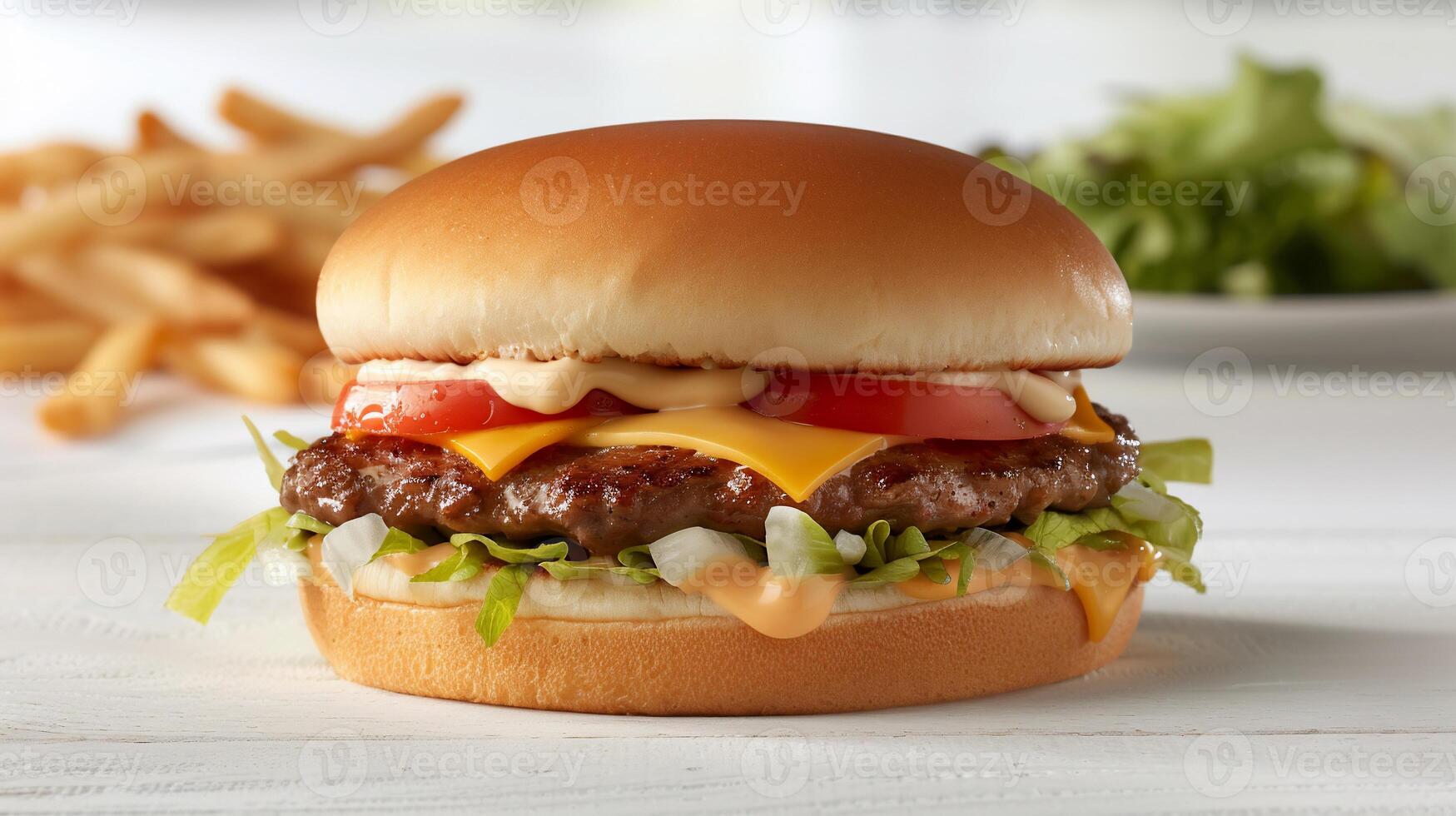 Gourmet Burger on White Table photo