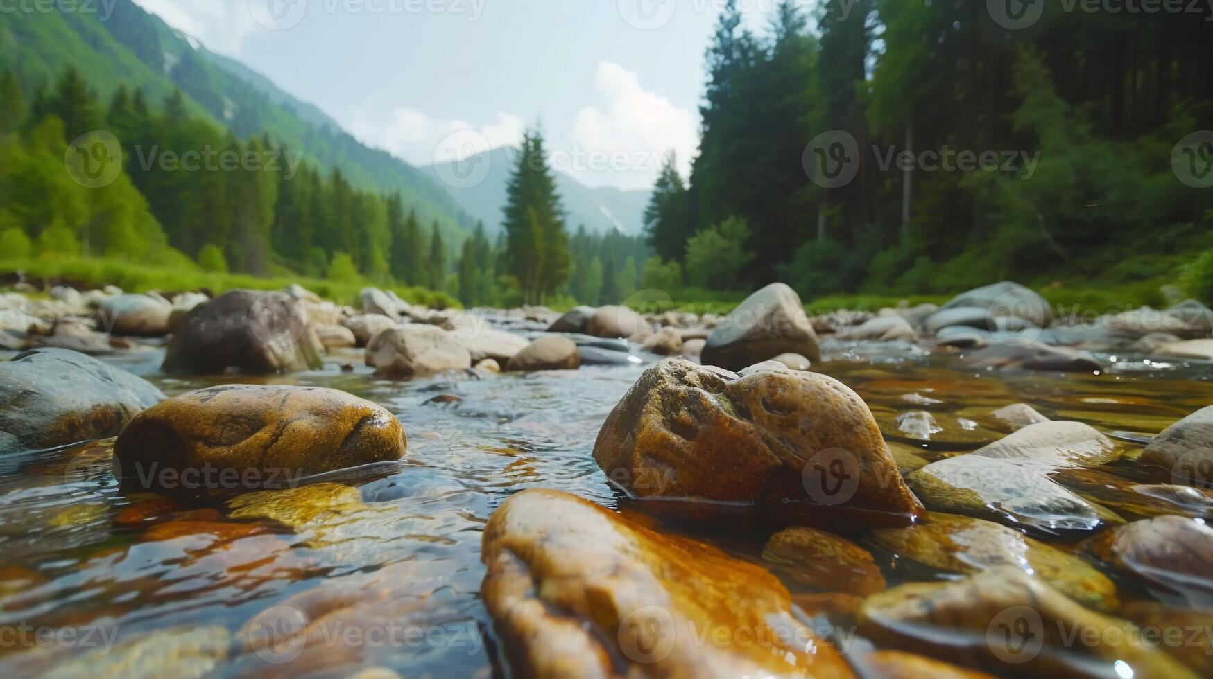 Mountain river flows past smooth rocks photo