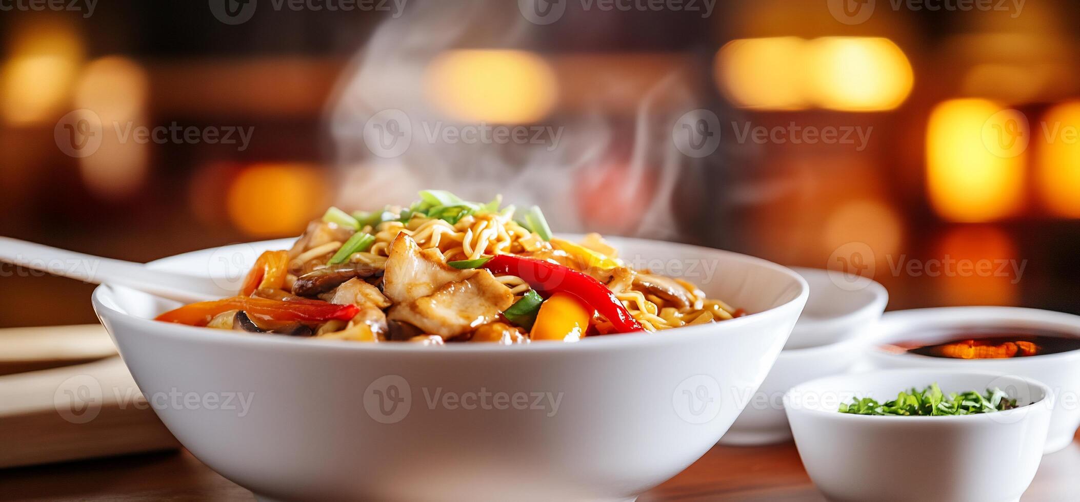 Steaming noodle bowl, restaurant setting photo
