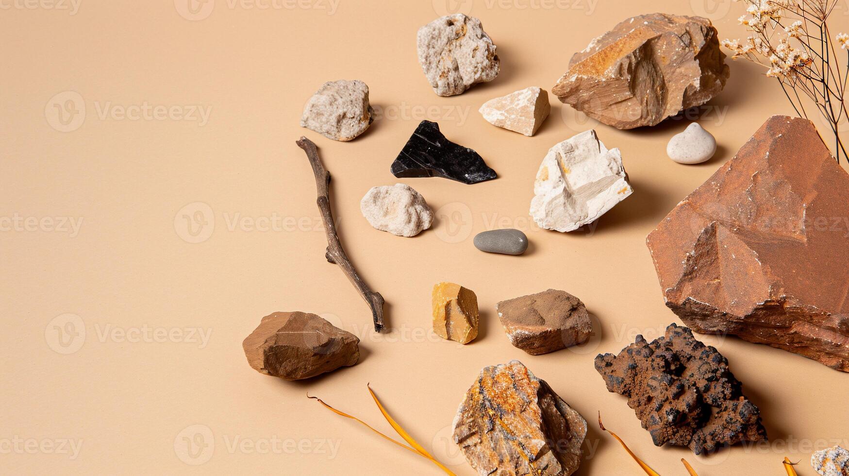 Assorted rocks and twigs on beige surface photo