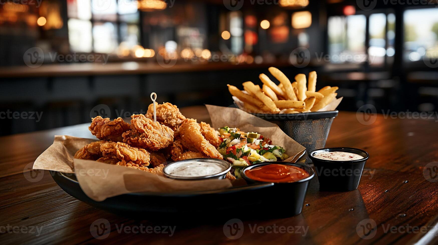 Crispy fried appetizers, fries, and a side salad on a table photo