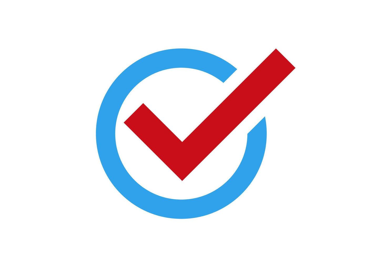 Red checkmark inside blue circle icon for selection and approval vector