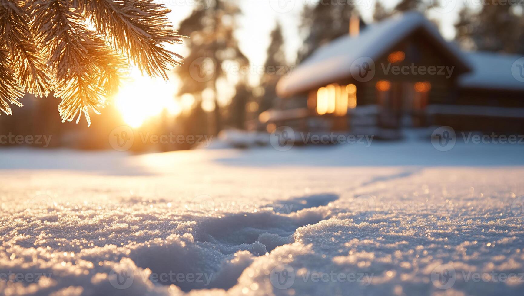 Snowy Sunrise Cabin Landscape photo
