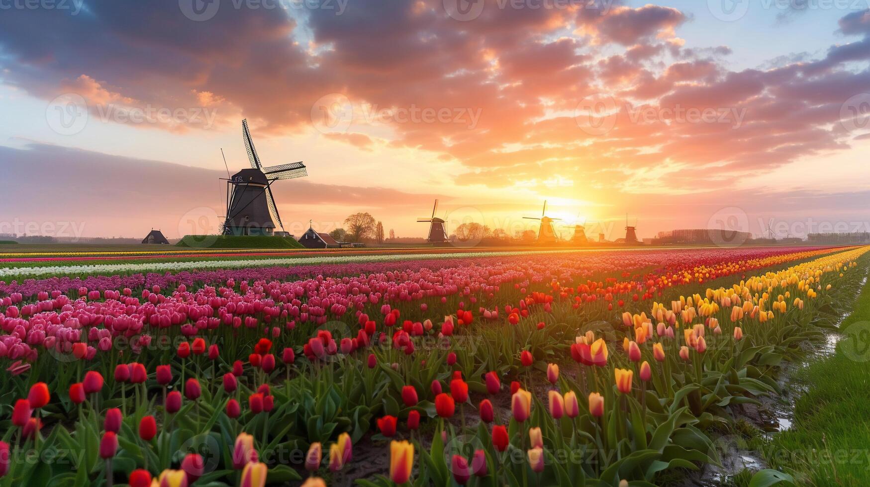 Dutch Windmills over Sunrise Tulip Fields photo