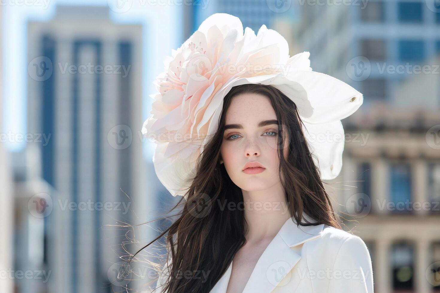 Woman in floral hat, city backdrop photo