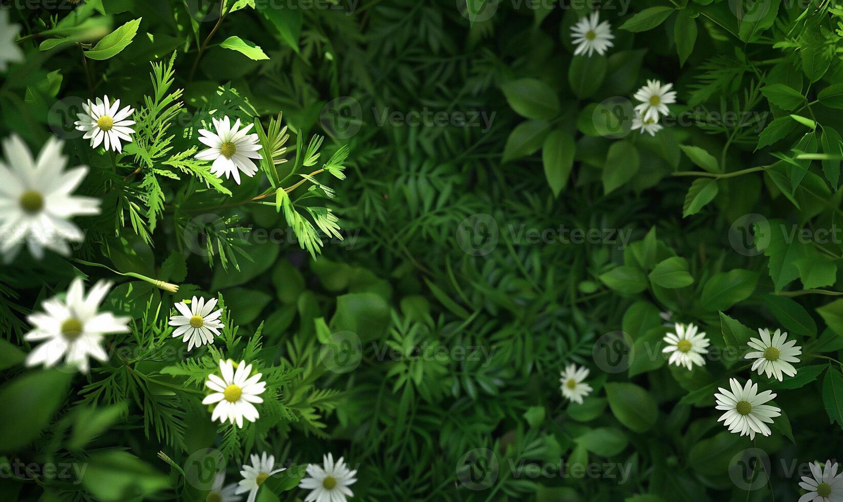 Lush forest floor with white flowers photo