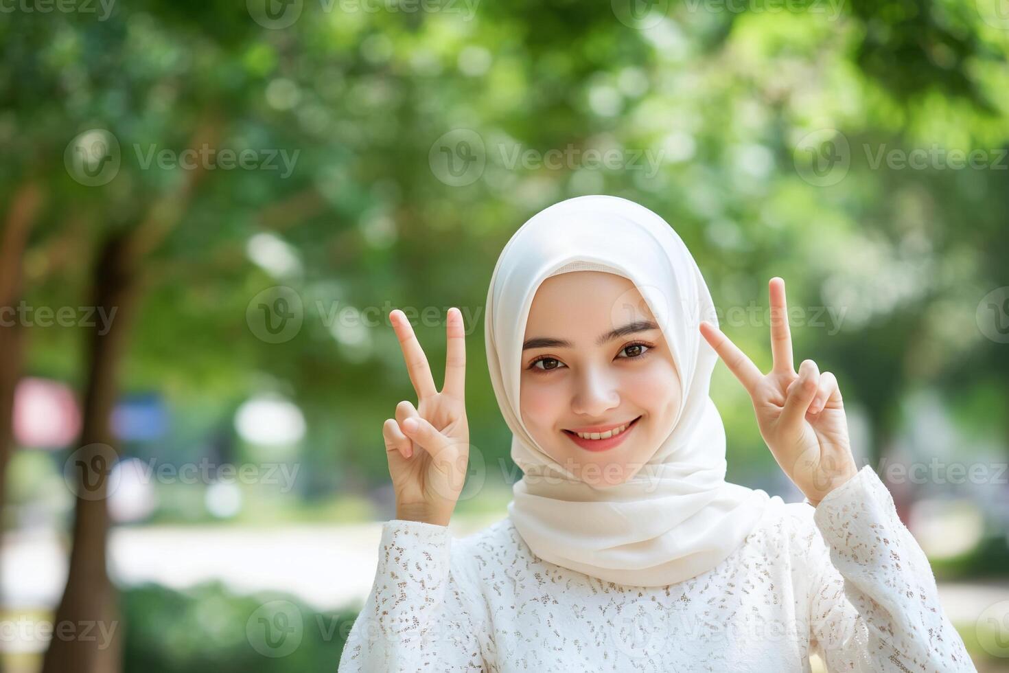 Smiling woman in hijab making peace sign outdoors. photo
