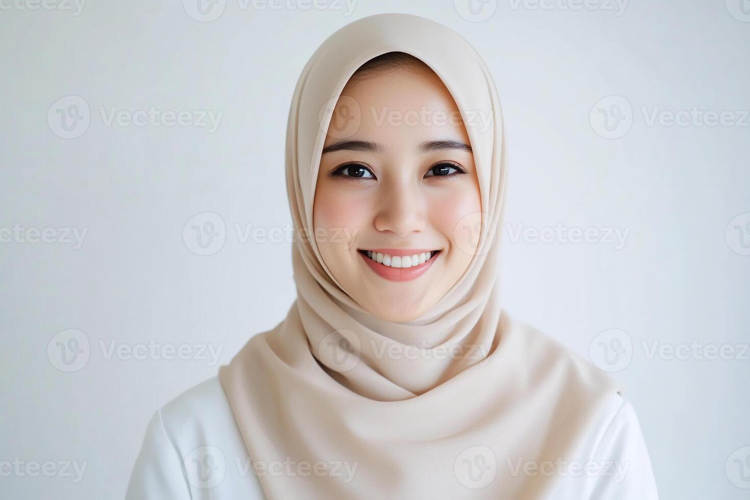 Smiling Muslim Woman in Hijab Against White Background photo