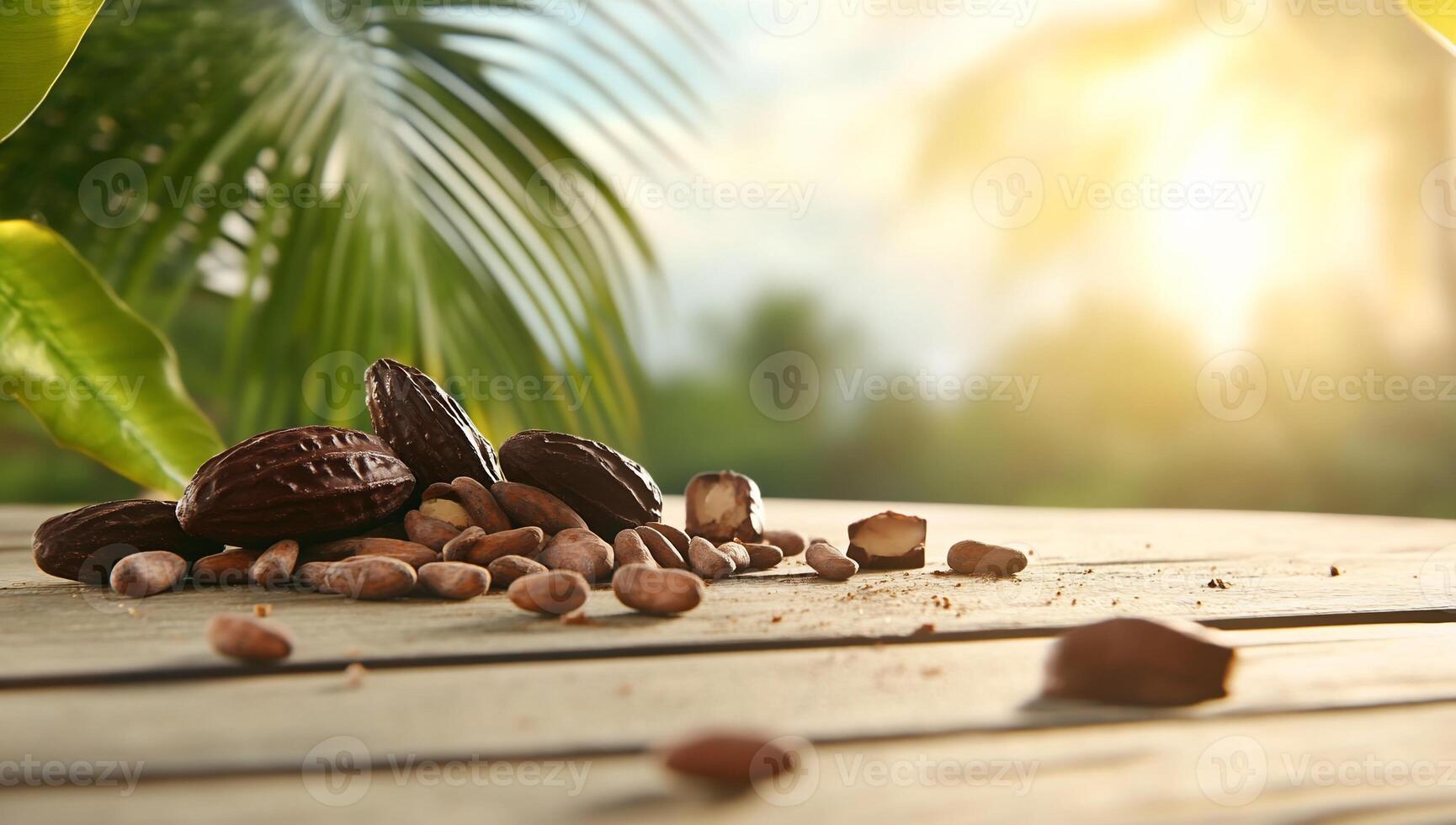 Cocoa beans on rustic wooden table, tropical background photo