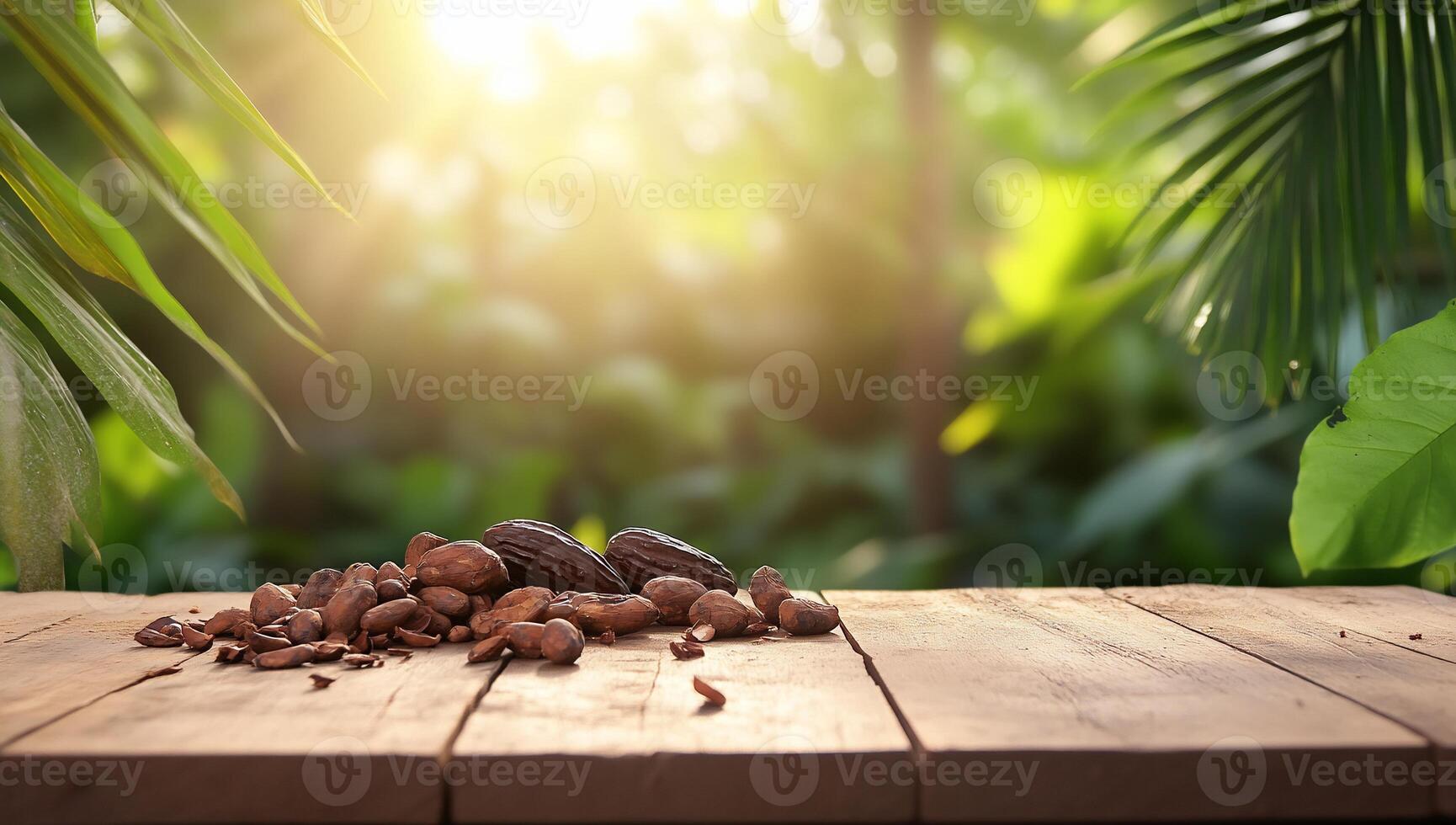 Cocoa beans on wooden table in jungle setting photo