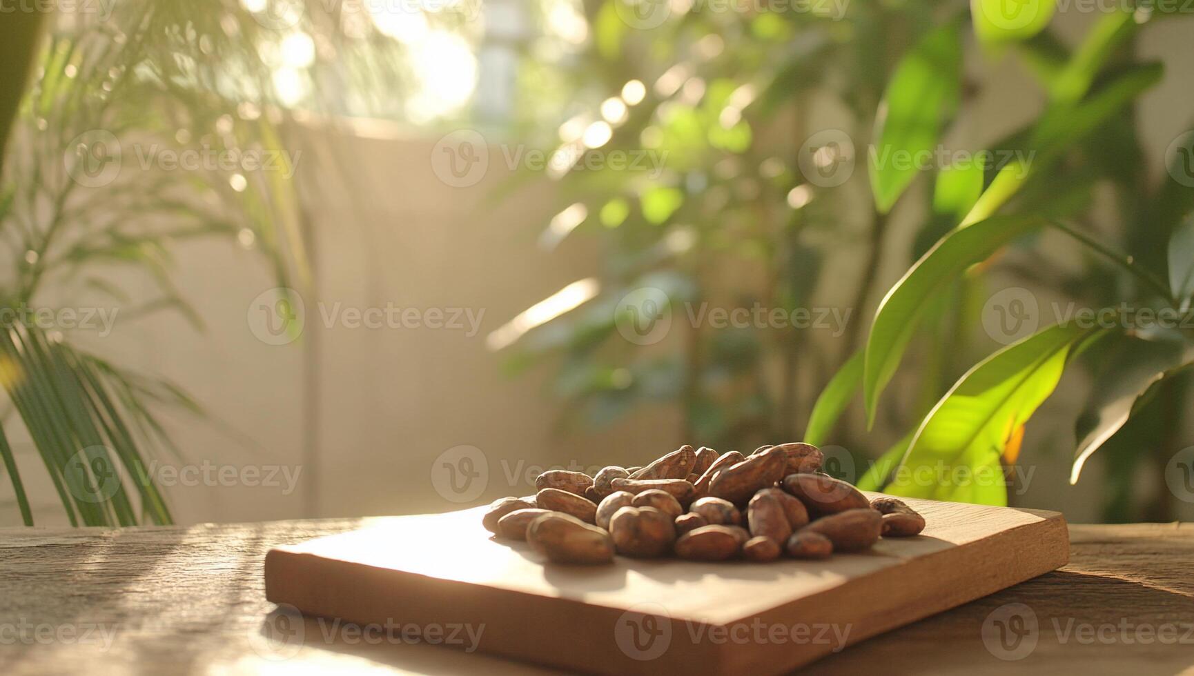Cocoa beans on wooden board, sunlit backdrop photo