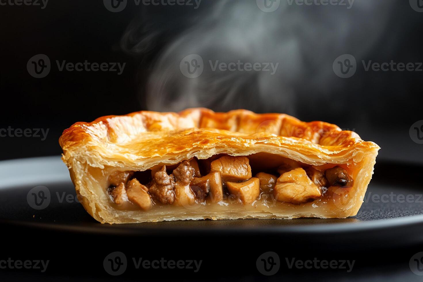 Steaming hot savory meat and mushroom pie on dark plate. photo