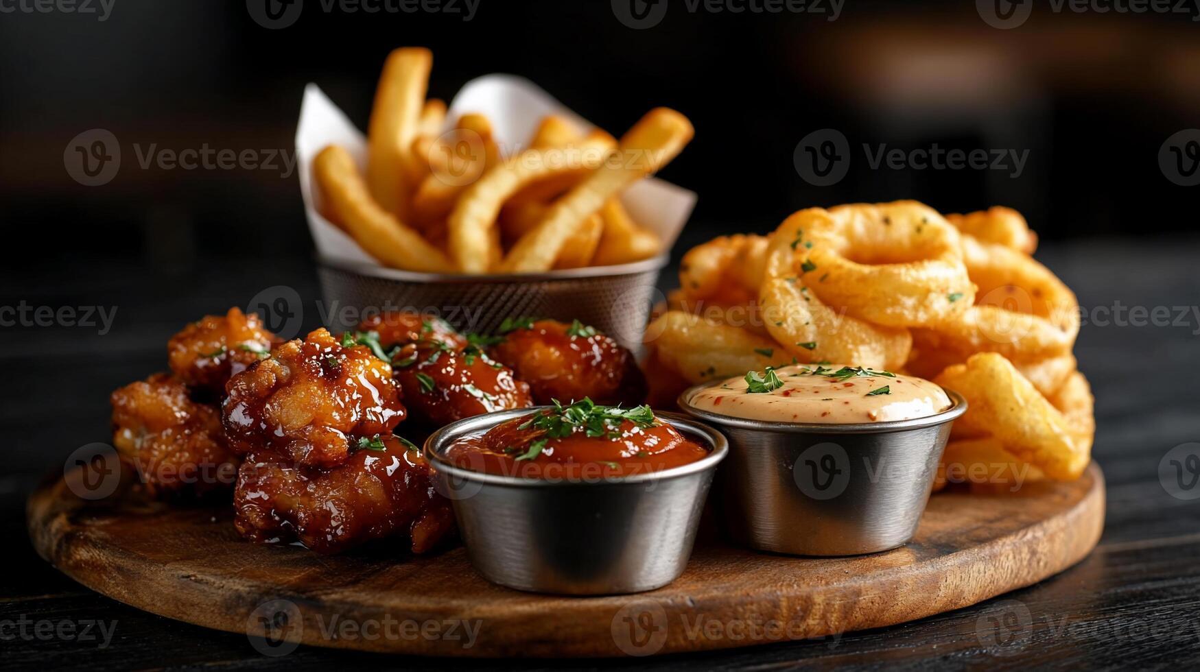 A wooden tray with some fries, onion rings and dipping sauces photo
