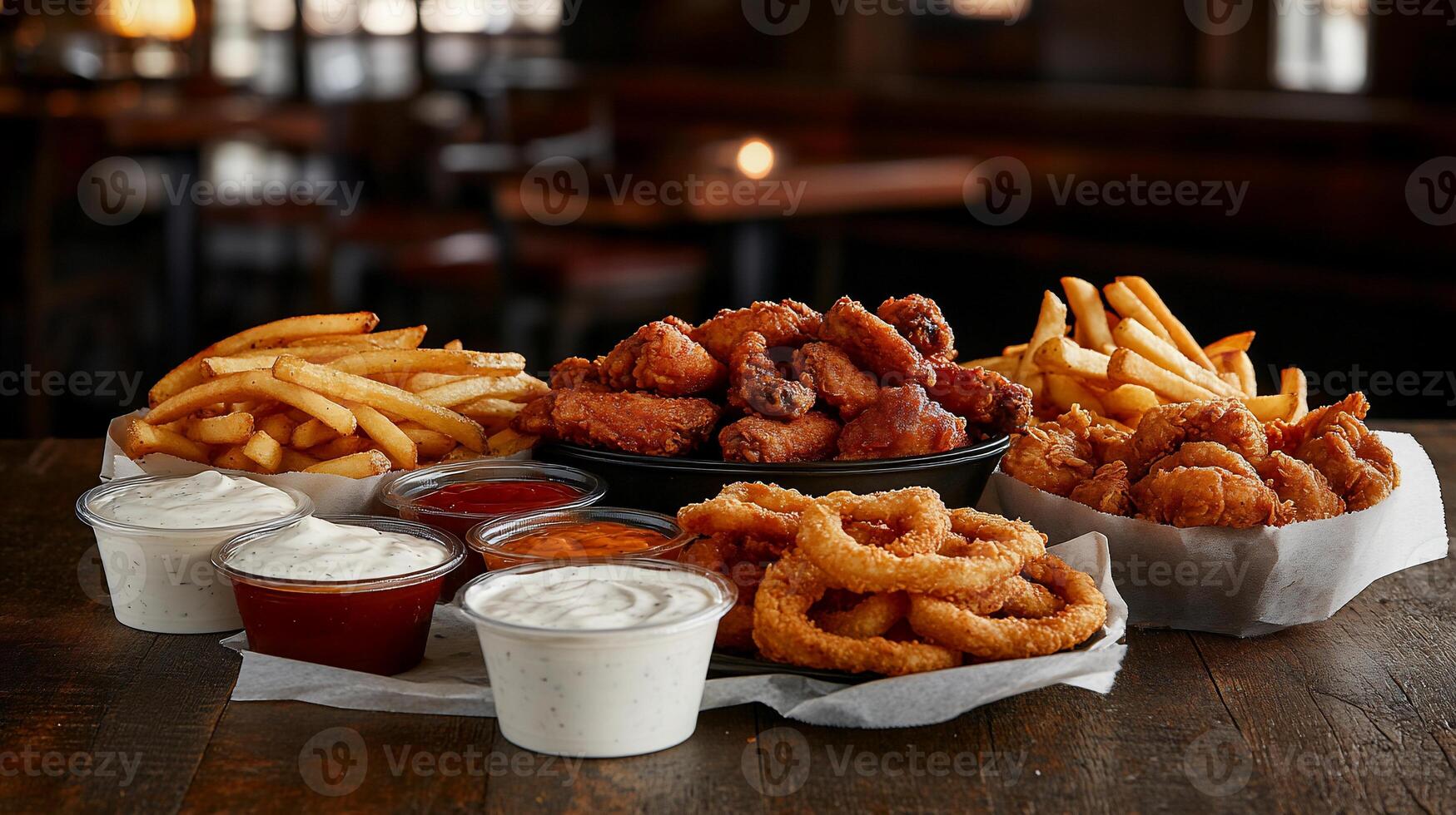 Gourmet fried food platter. Variety of crispy chicken wings, fries, onion rings, and appetizers with dipping sauces. Perfect for sharing photo