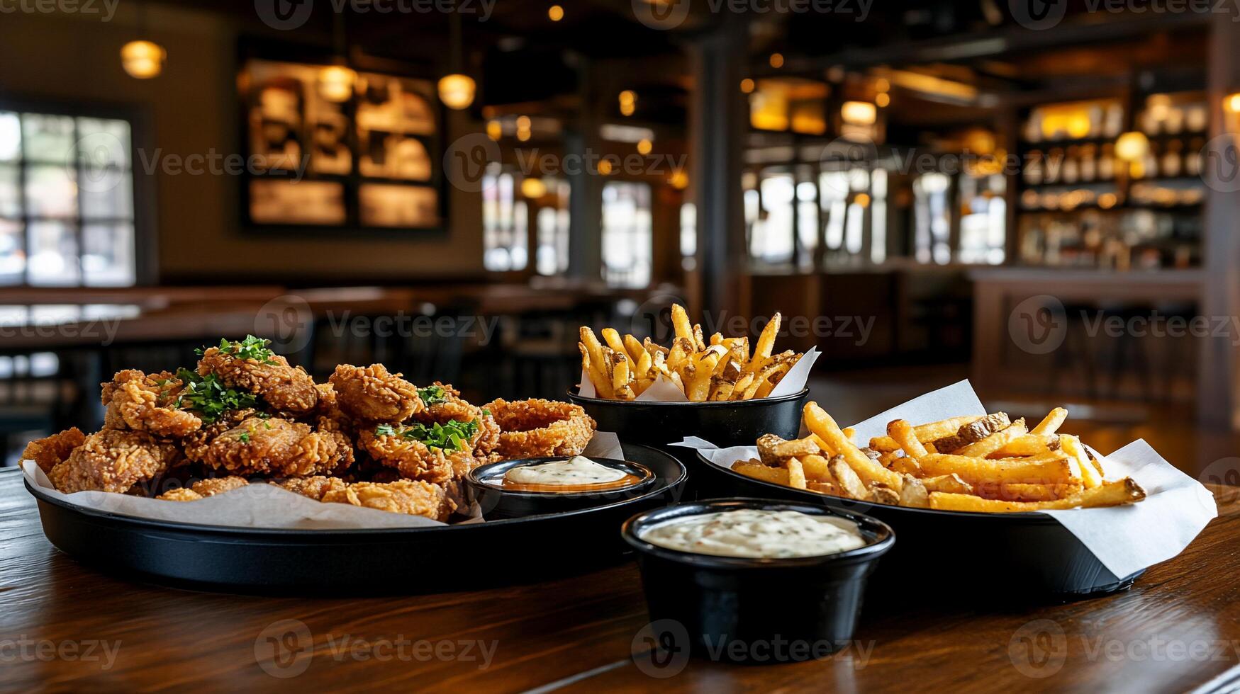 Fried food platter featuring crispy chicken tenders, onion rings, and french fries, served with dipping sauces, in a casual dining setting photo