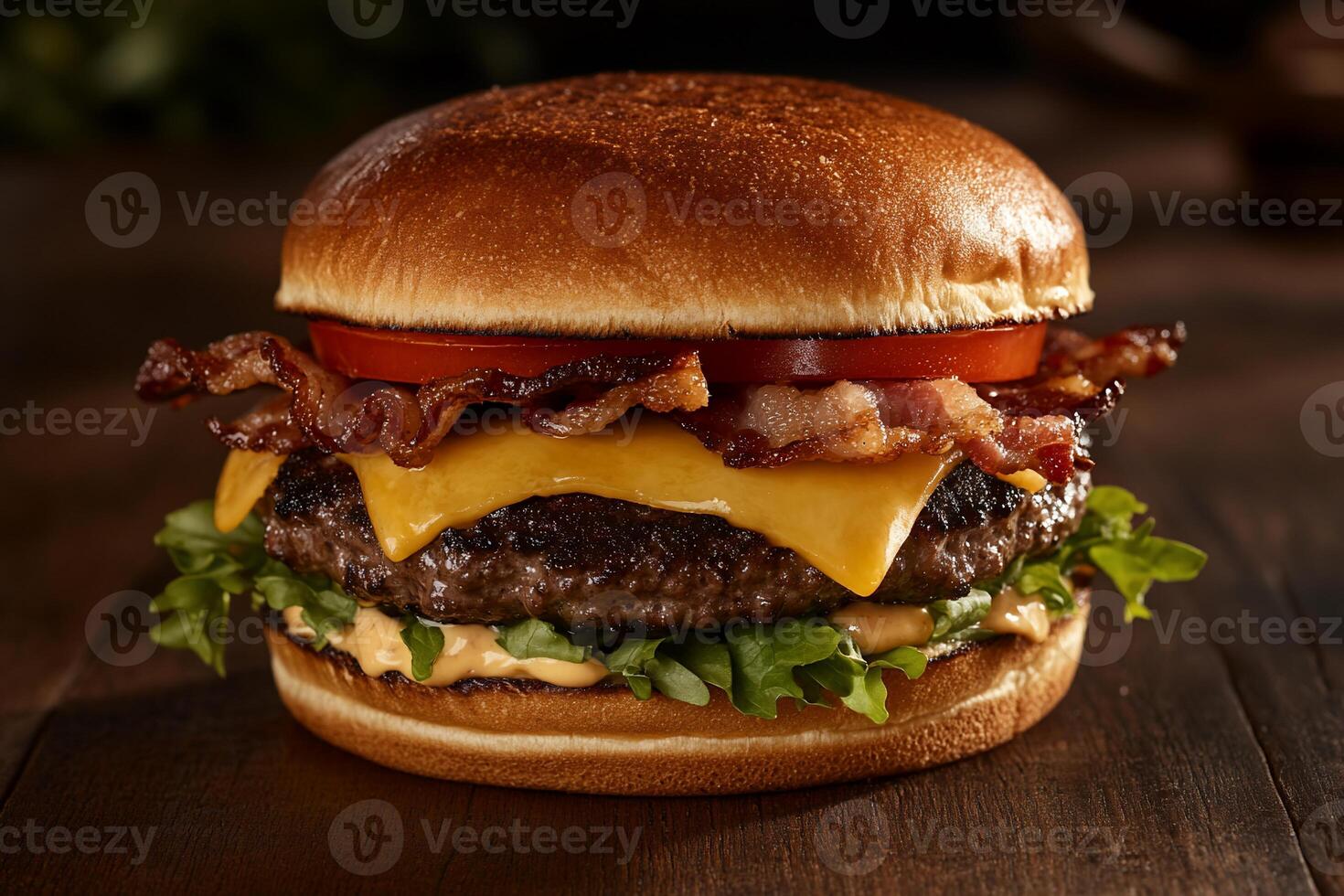 Delicious gourmet burger with bacon, cheese, and fresh toppings photo