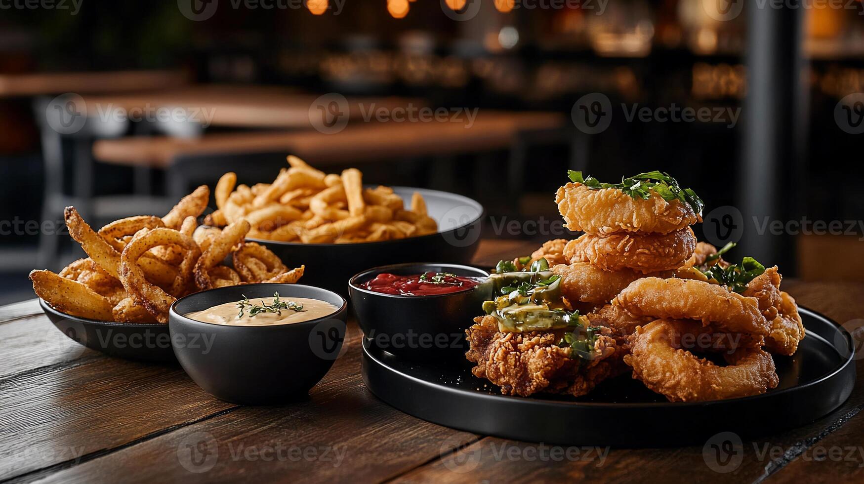 Fried food platter featuring french fries, onion rings, and chicken tenders. Served with dipping sauces on a rustic wooden table photo