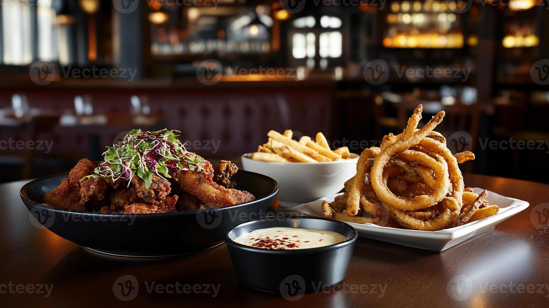 Crispy fried chicken wings, french fries, and onion rings on a restaurant table photo