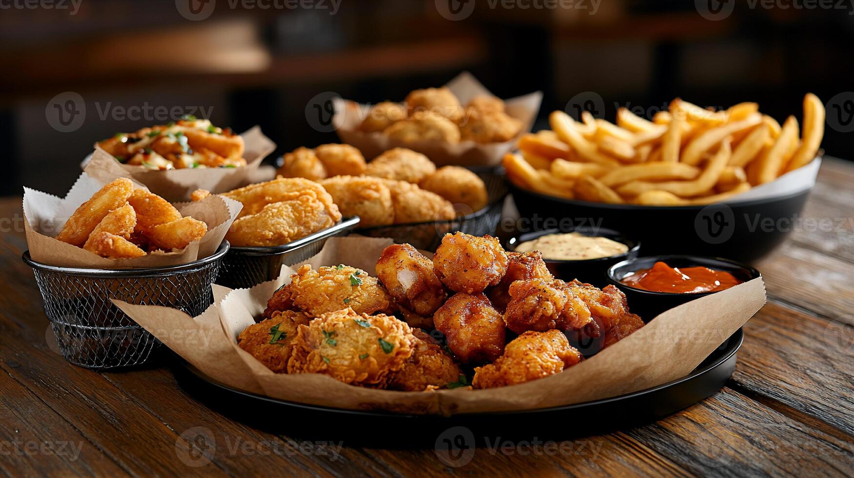 Variety of fried appetizers and sides. Assorted crispy snacks, including french fries, chicken tenders, and onion rings photo