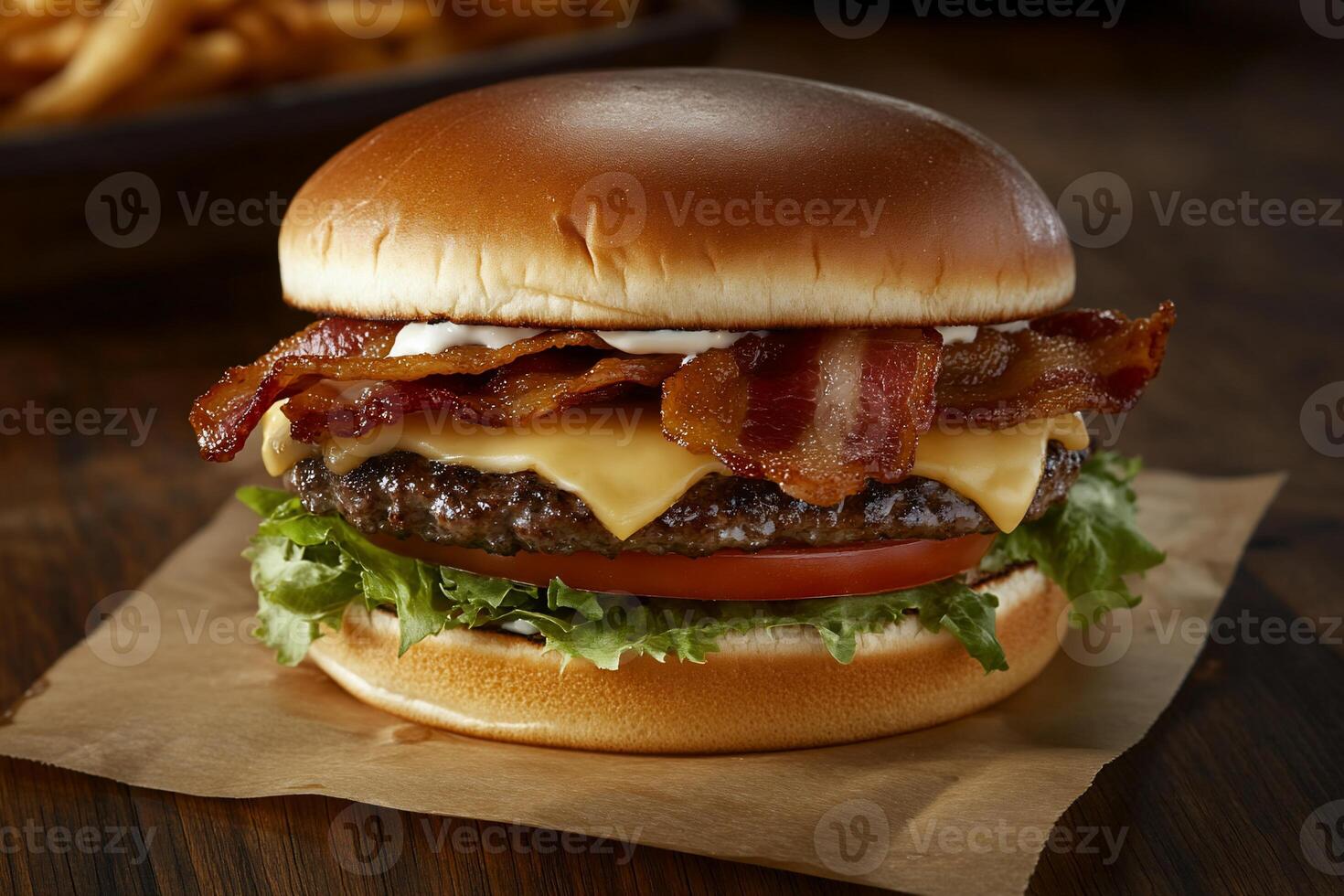 Classic bacon cheeseburger on a bun. Fresh, juicy burger topped with crispy bacon, melted cheese, lettuce, and tomato. Served on a toasted bun photo